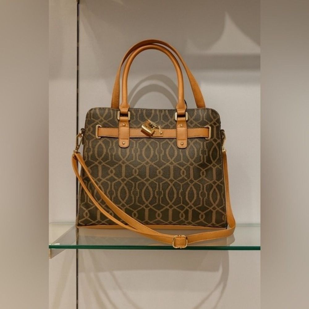 Women's Brown Lock & Key‎ Charm Gold Hardware Multi-Compartment Shoulder Bag